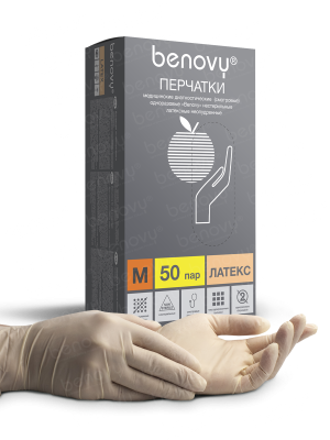 BENOVY / Перчатки латексные, неопудренные, натуральные, 50 пар в упак. M купить оптом в Томске